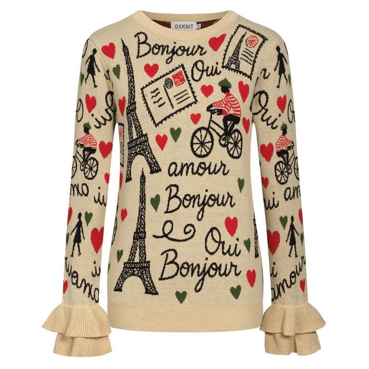 Macacão feminino cáqui Paris com tema jacquard e babados em malha com mangas compridas