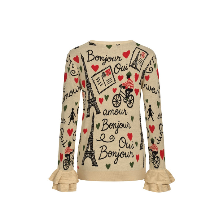 Macacão feminino cáqui Paris com tema jacquard e babados em malha com mangas compridas