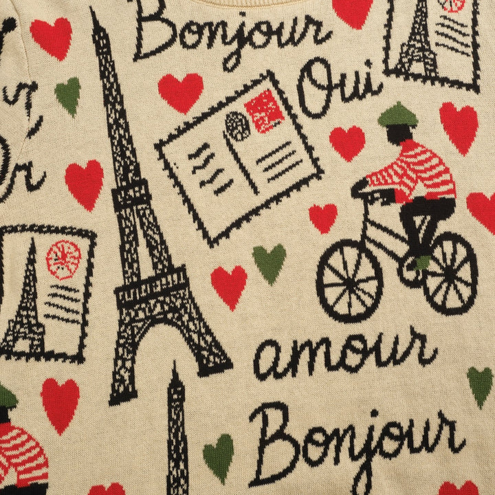 Macacão feminino cáqui Paris com tema jacquard e babados em malha com mangas compridas