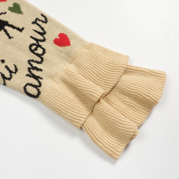 Macacão feminino cáqui Paris com tema jacquard e babados em malha com mangas compridas