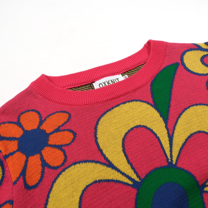 Kvinders pink blomstret flæsede strikdesign-lange ærmer