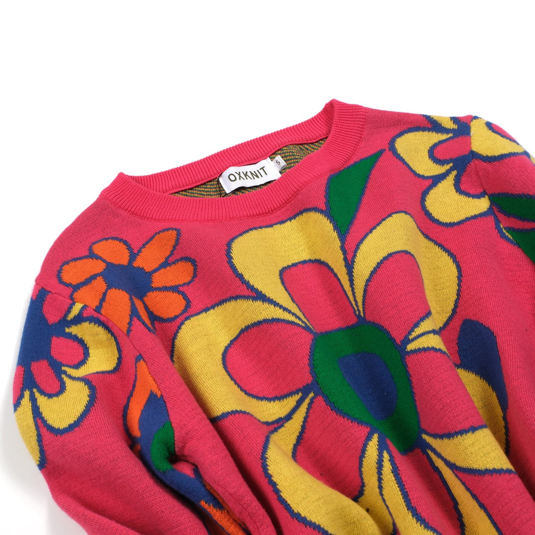 Kvinders pink blomstret flæsede strikdesign-lange ærmer