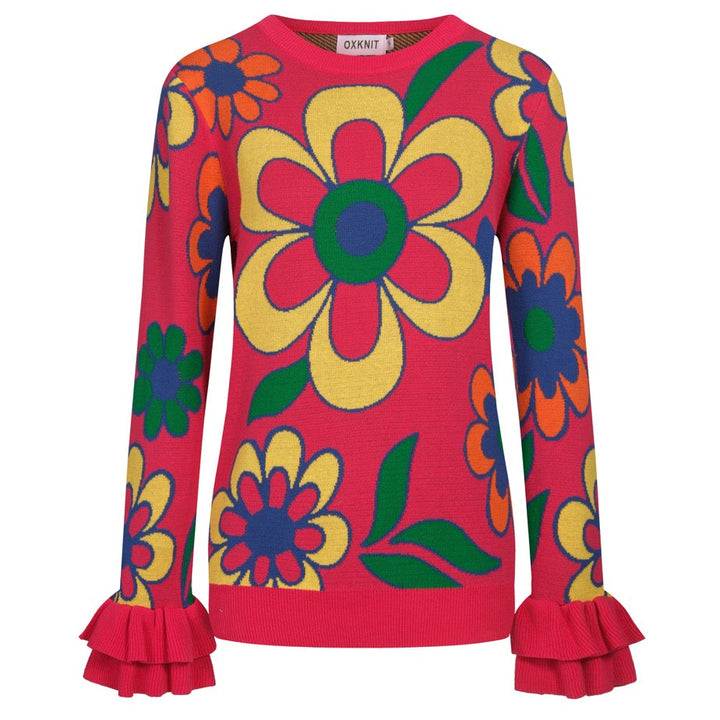 Kvinders pink blomstret flæsede strikdesign-lange ærmer