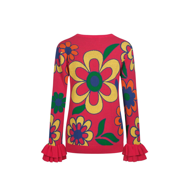 Kvinders pink blomstret flæsede strikdesign-lange ærmer