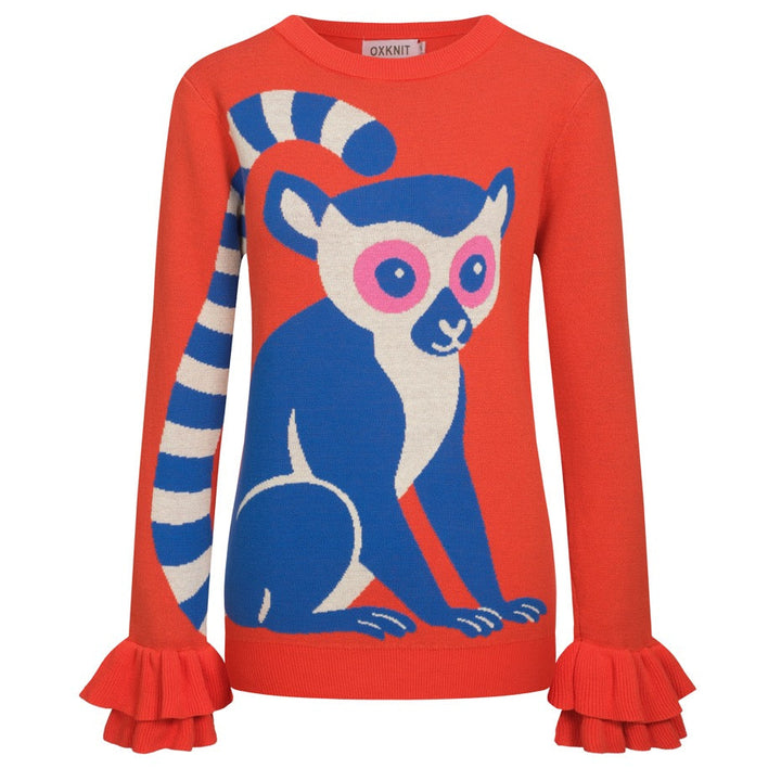 Kvinnors orange djurtryck volang designstickat-Lägg till långa ärmar