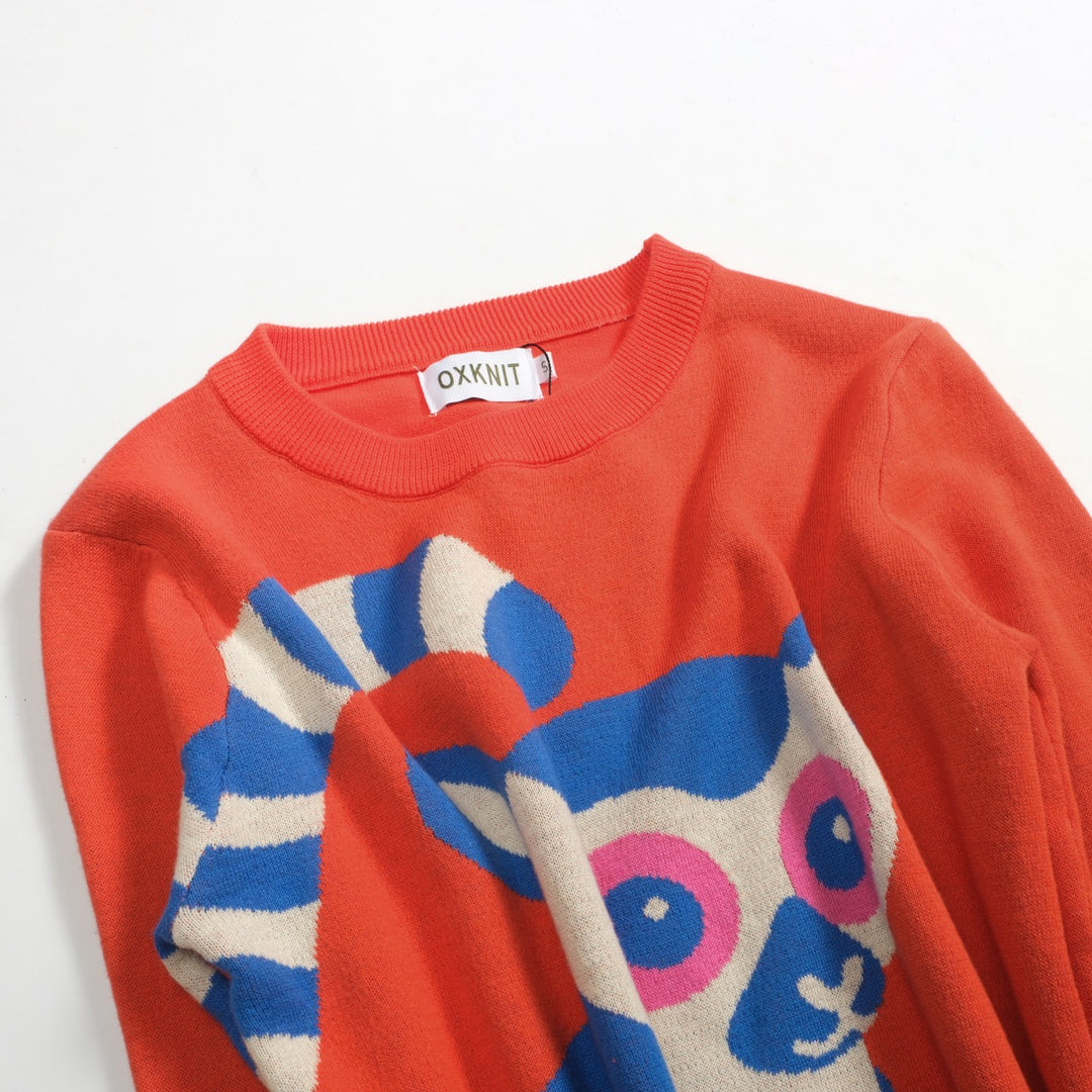 Kvinnors orange djurtryck volang designstickat-Lägg till långa ärmar