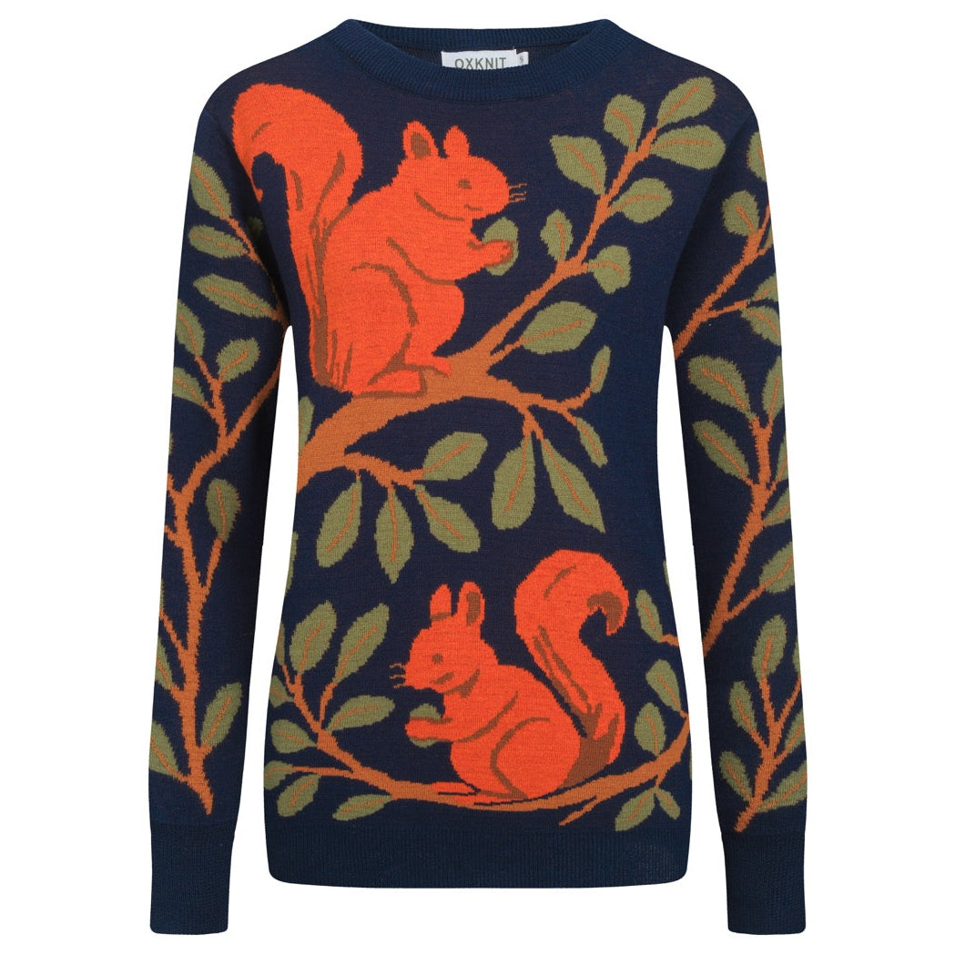 Women's dark blue vintage squirrel print knitwear