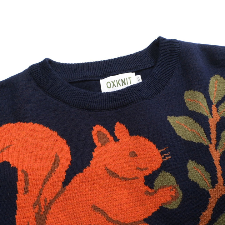 Women's dark blue vintage squirrel print knitwear