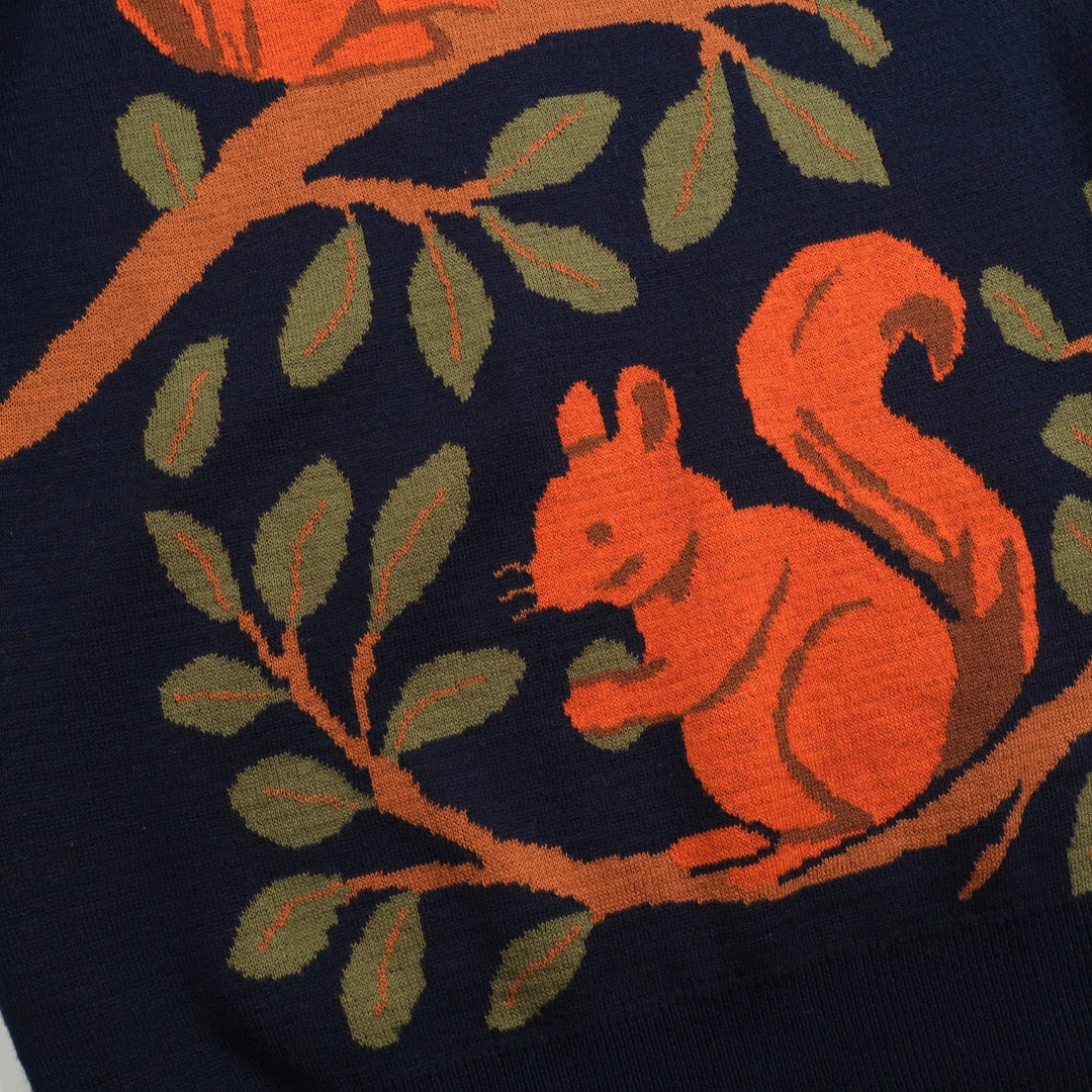 Women's dark blue vintage squirrel print knitwear