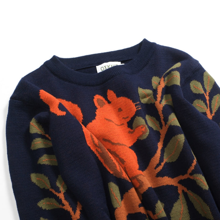 Women's dark blue vintage squirrel print knitwear