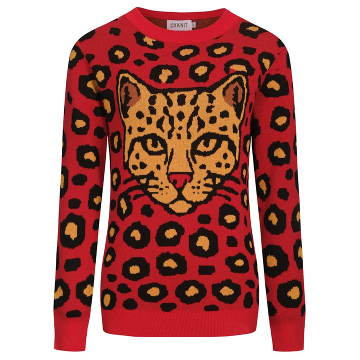 Rött leopardmönstrat retro stickat plagg för kvinnor