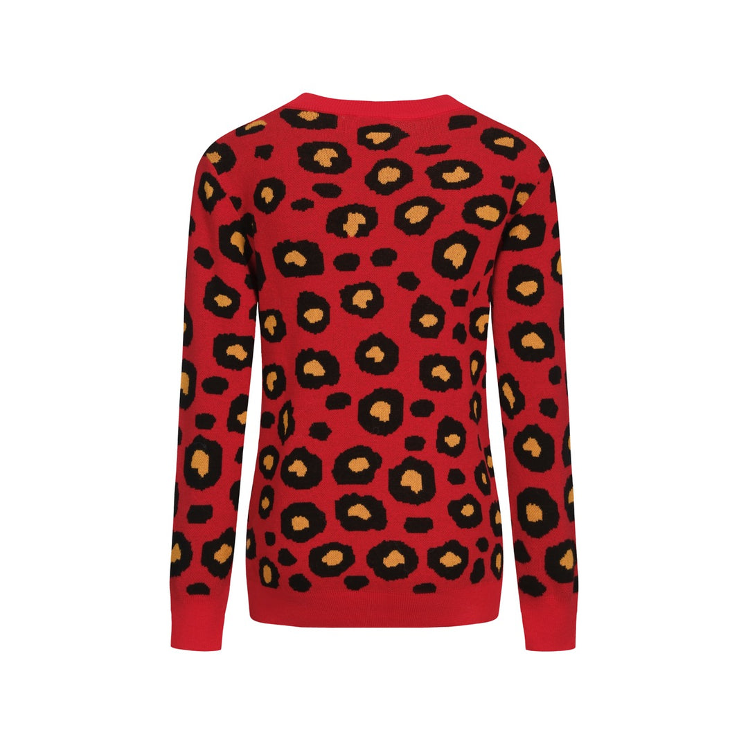 Rött leopardmönstrat retro stickat plagg för kvinnor