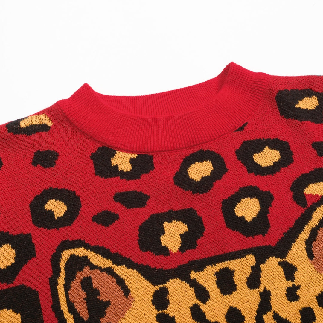 Rött leopardmönstrat retro stickat plagg för kvinnor