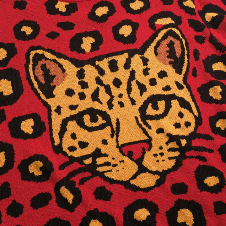 Rött leopardmönstrat retro stickat plagg för kvinnor