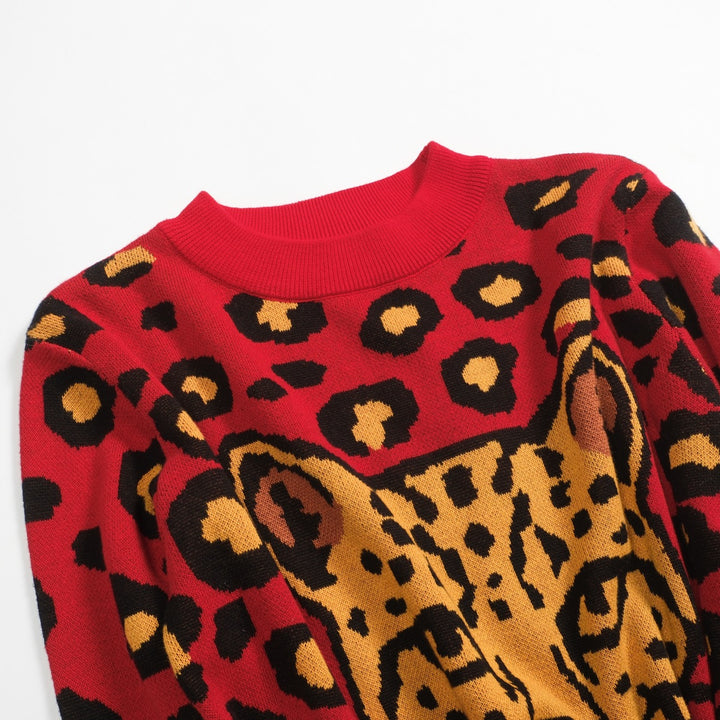 Rött leopardmönstrat retro stickat plagg för kvinnor