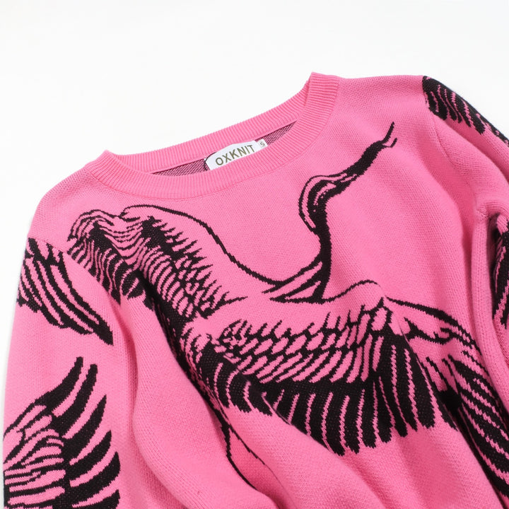 Jersey de punto jacquard grulla voladora rosa para mujer