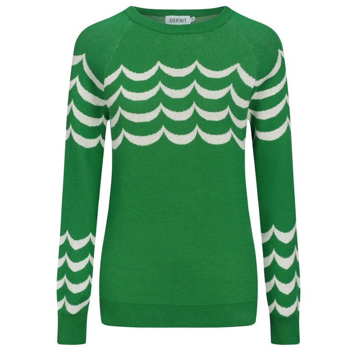 Malhas jacquard formais femininas com riscas onduladas verdes