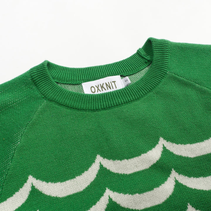 Malhas jacquard formais femininas com riscas onduladas verdes