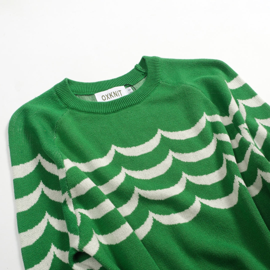 Malhas jacquard formais femininas com riscas onduladas verdes