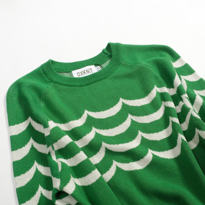 Malhas jacquard formais femininas com riscas onduladas verdes