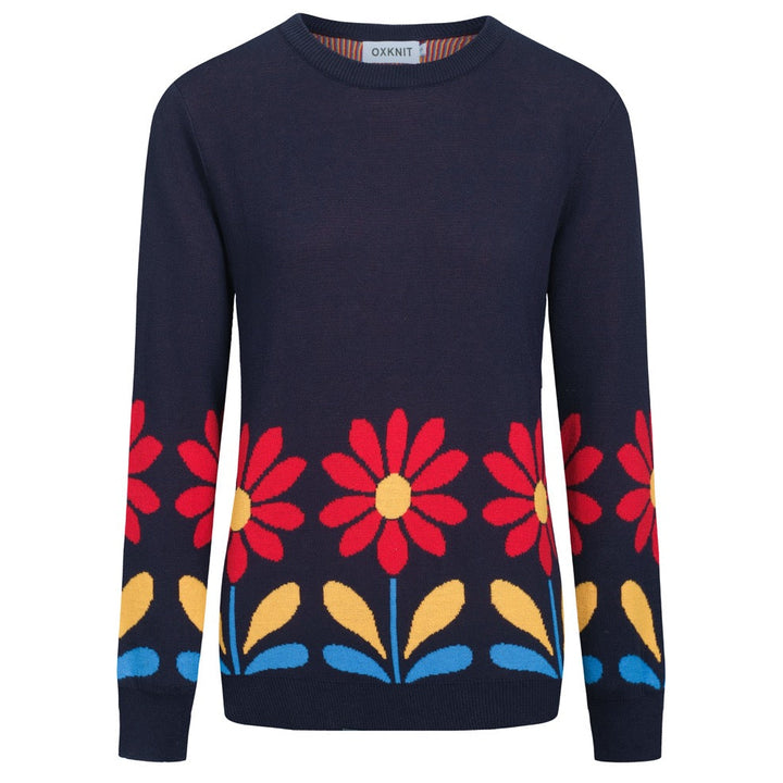 Kvinnors djupblå blommor i college-stil jacquardstickade plagg