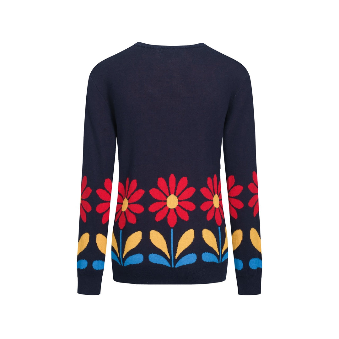 Kvinnors djupblå blommor i college-stil jacquardstickade plagg