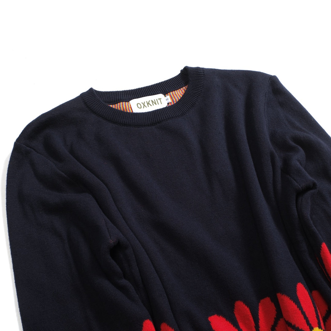 Kvinnors djupblå blommor i college-stil jacquardstickade plagg