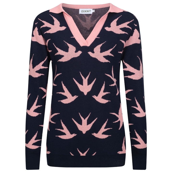 Women's navy blue swallow jacquard V-neck knitwear