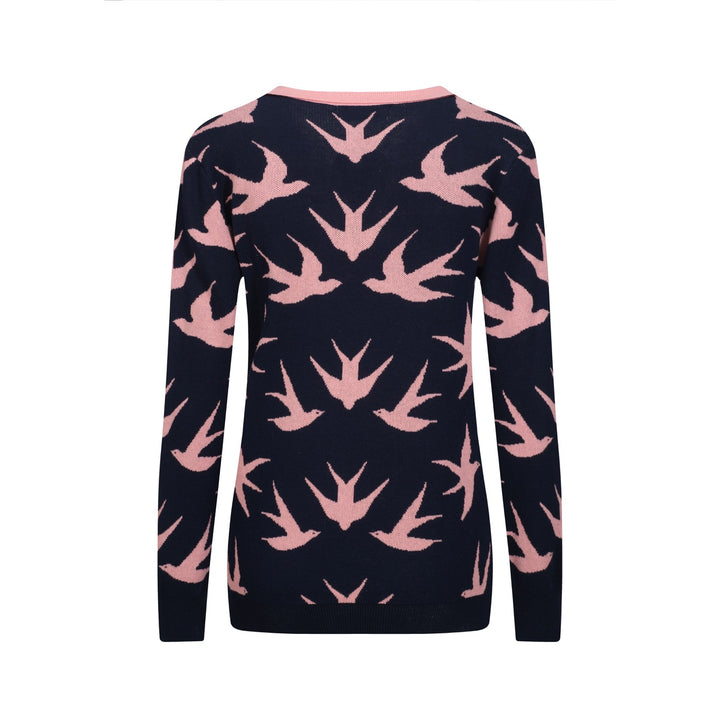 Women's navy blue swallow jacquard V-neck knitwear