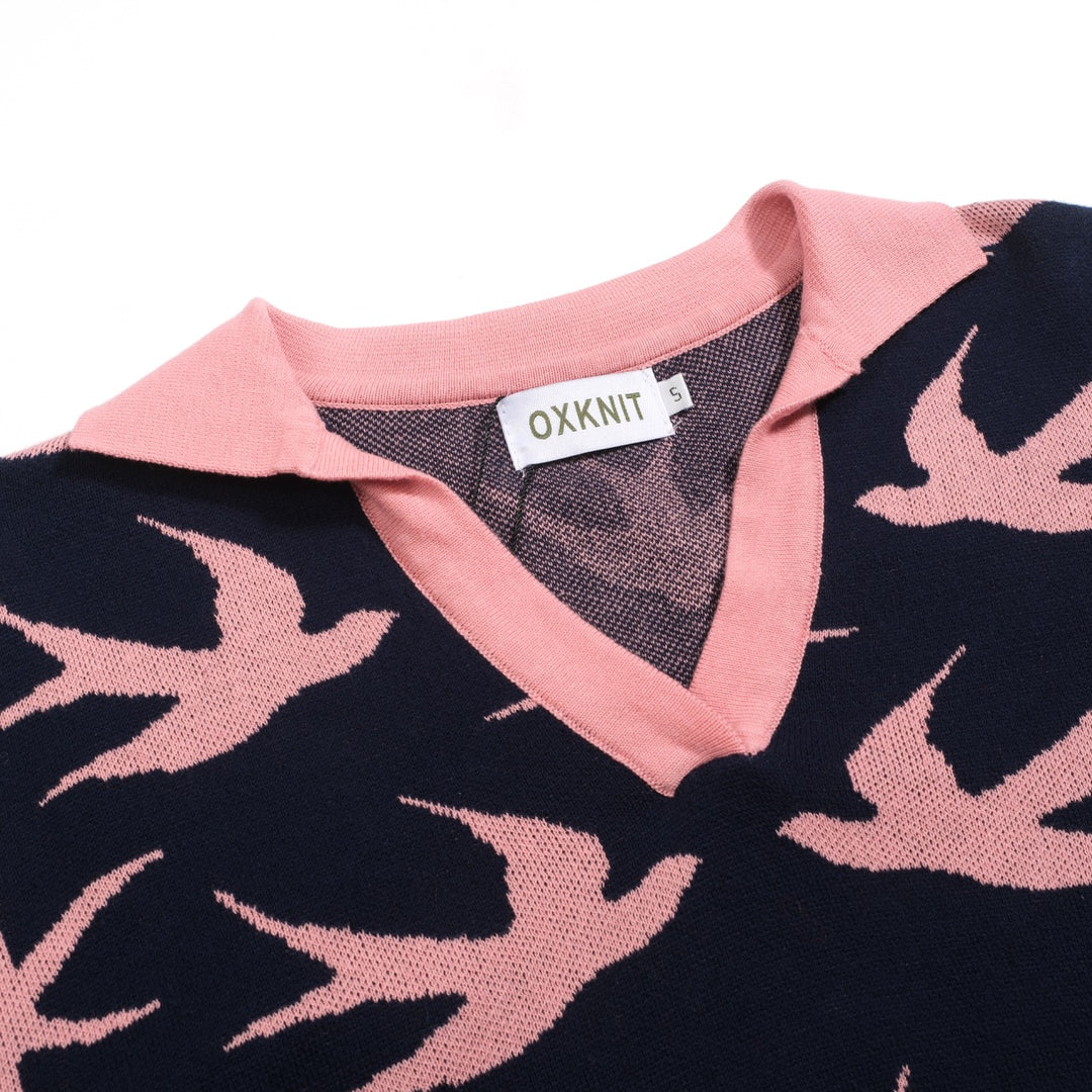 Women's navy blue swallow jacquard V-neck knitwear