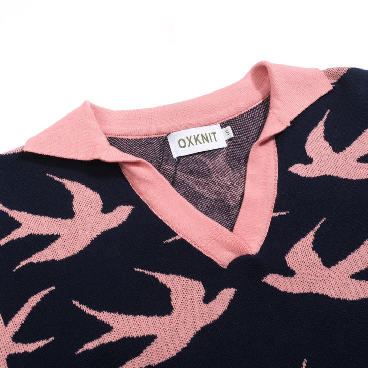 Women's navy blue swallow jacquard V-neck knitwear