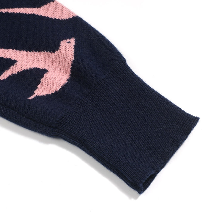 Women's navy blue swallow jacquard V-neck knitwear