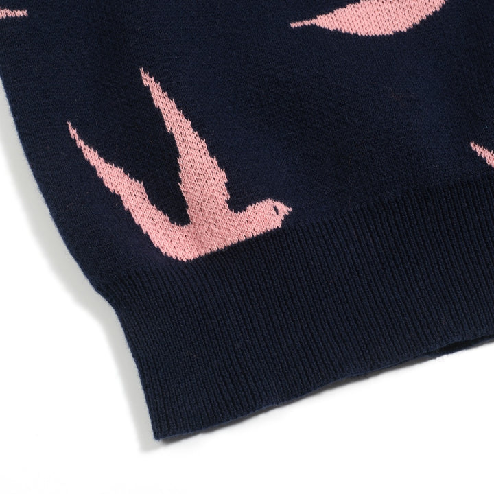 Women's navy blue swallow jacquard V-neck knitwear
