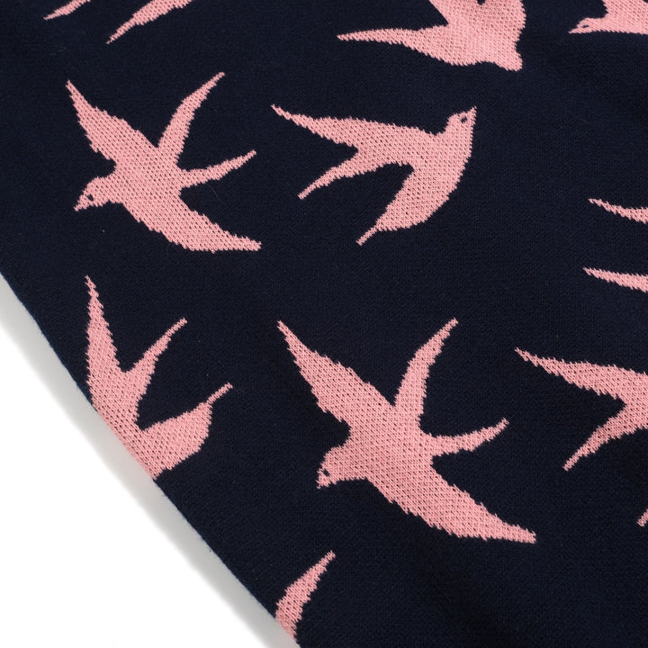 Women's navy blue swallow jacquard V-neck knitwear