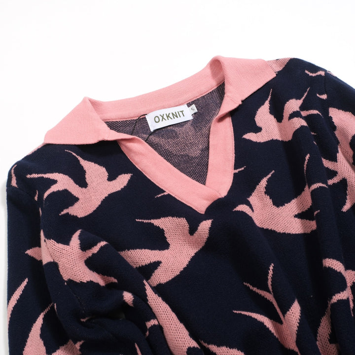 Women's navy blue swallow jacquard V-neck knitwear