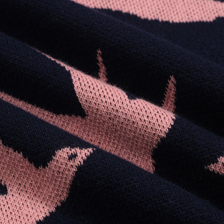 Women's navy blue swallow jacquard V-neck knitwear