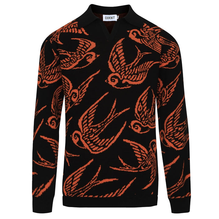 Men's black swallow jacquard V-neck knitted polo shirt