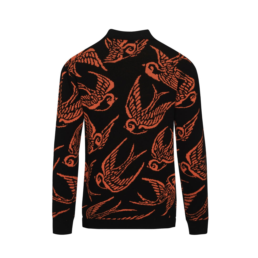 Men's black swallow jacquard V-neck knitted polo shirt