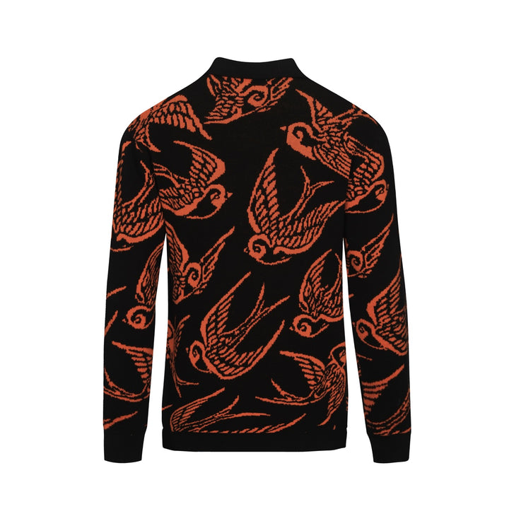 Men's black swallow jacquard V-neck knitted polo shirt