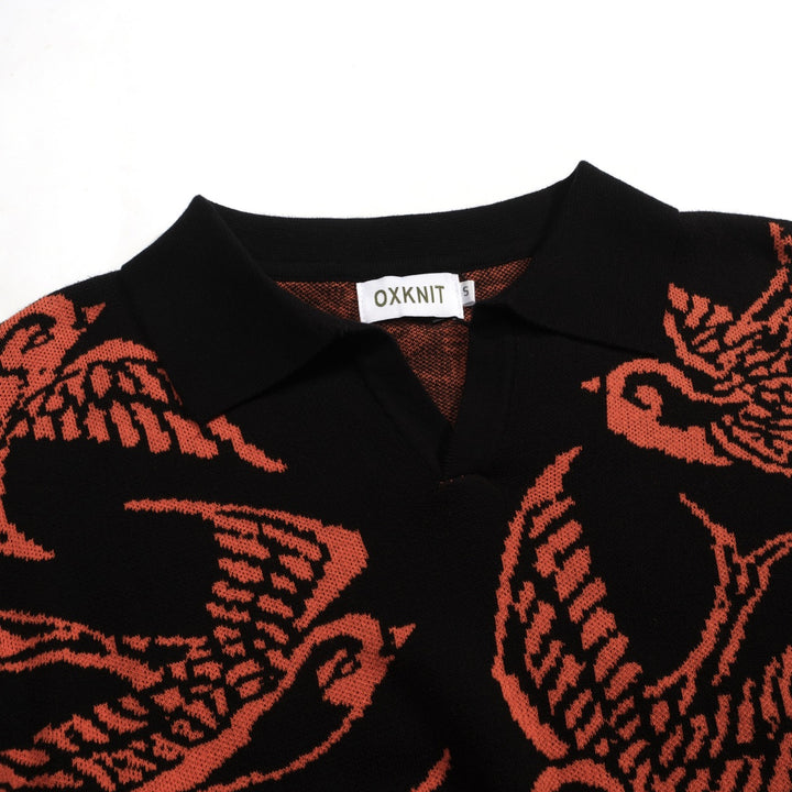 Men's black swallow jacquard V-neck knitted polo shirt