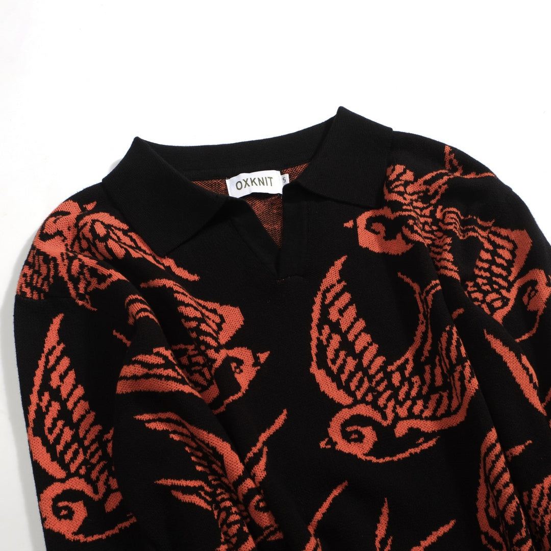 Men's black swallow jacquard V-neck knitted polo shirt