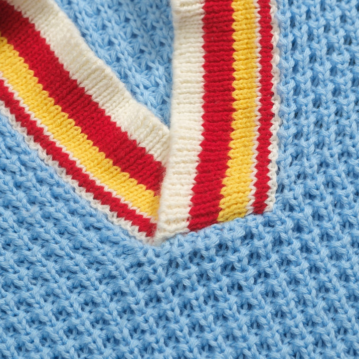 Polo da uomo in maglia preppy blu con scollo a V