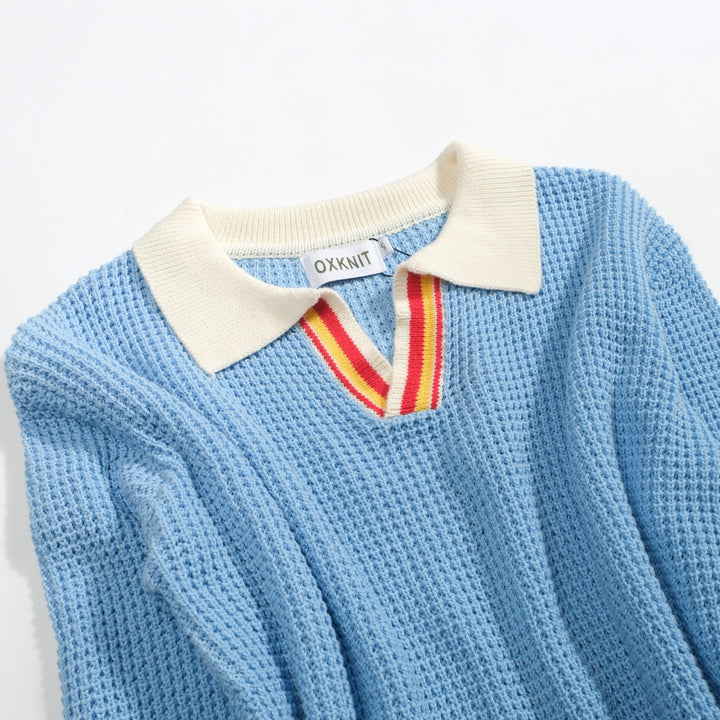 Polo da uomo in maglia preppy blu con scollo a V