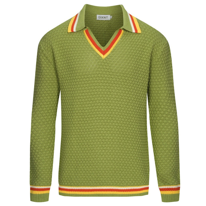 Polo da uomo con scollo a V a righe texture maglia verde