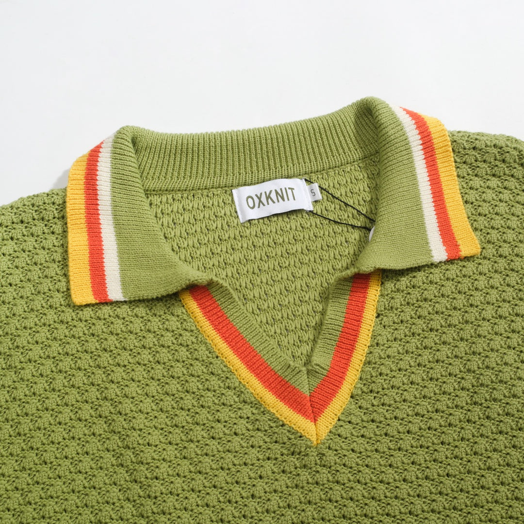 Polo da uomo con scollo a V a righe texture maglia verde