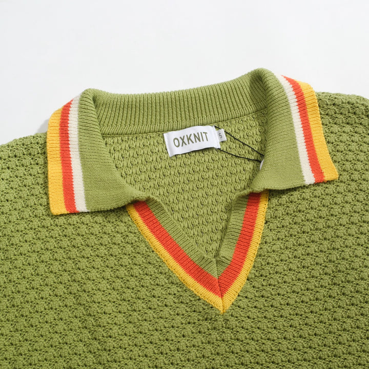 Polo da uomo con scollo a V a righe texture maglia verde