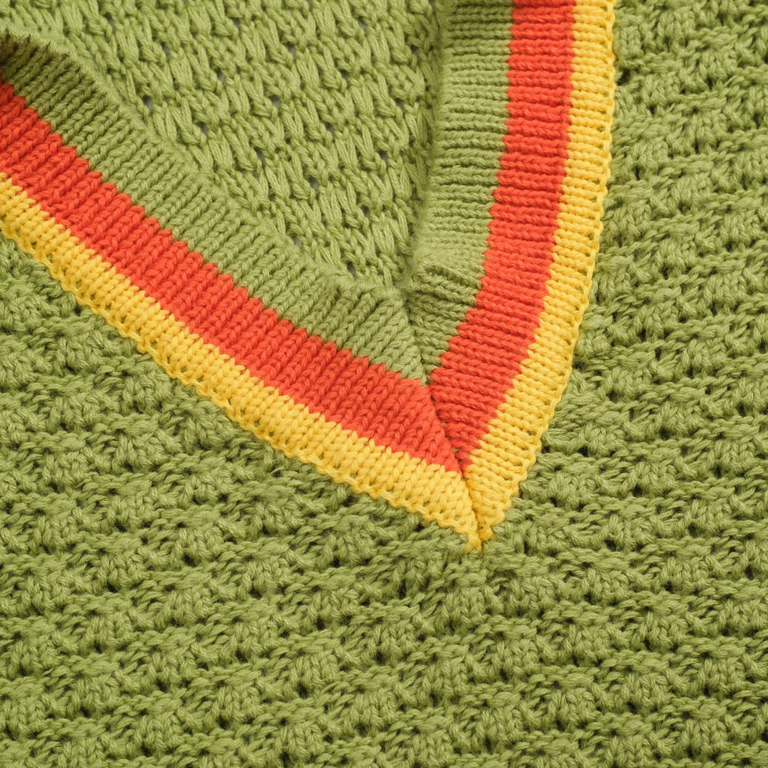 Polo da uomo con scollo a V a righe texture maglia verde