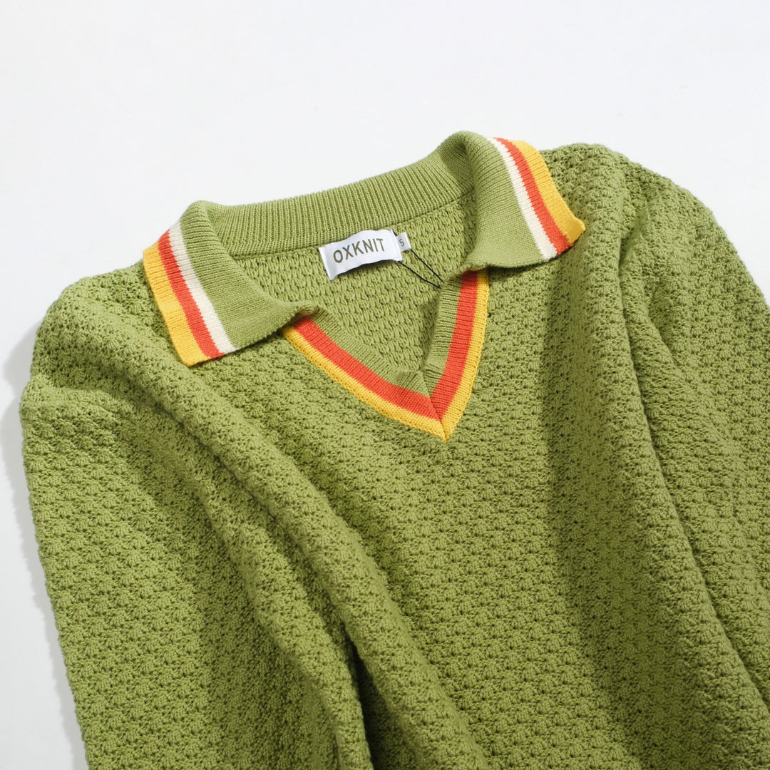Polo da uomo con scollo a V a righe texture maglia verde