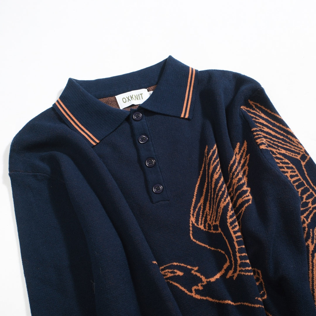 Camisa polo masculina de malha jacquard com arte Flying Crane azul marinho