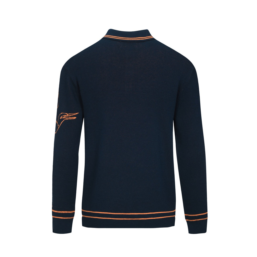 Camisa polo masculina de malha jacquard com arte Flying Crane azul marinho